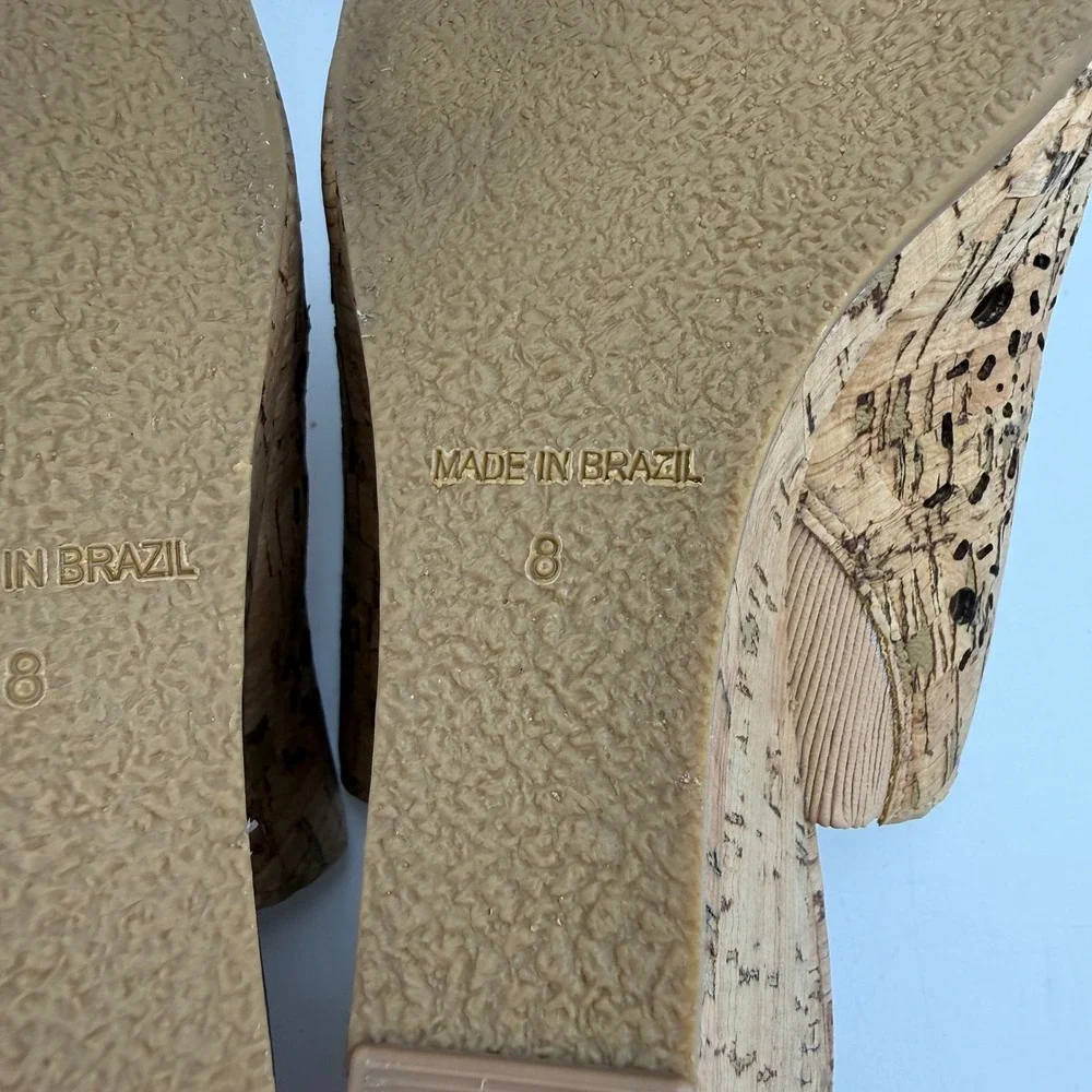 Jack Rogers‎ Wedge Sandals Womens 8 Tan Cork Laser Cut Scalloped Peep Toe Mules